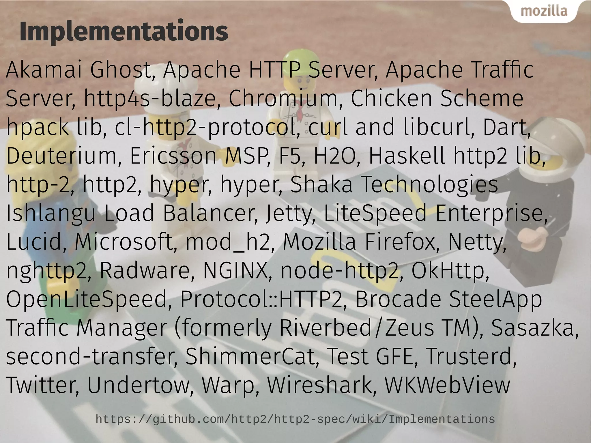 Implementations
Akamai Ghost, Apache HTTP Server, Apache Traffic
Server, http4s-blaze, Chromium, Chicken Scheme
hpack lib, cl-http2-protocol, curl and libcurl, Dart,
Deuterium, Ericsson MSP, F5, H2O, Haskell http2 lib,
http-2, http2, hyper, hyper, Shaka Technologies
Ishlangu Load Balancer, Jetty, LiteSpeed Enterprise,
Lucid, Microsoft, mod_h2, Mozilla Firefox, Netty,
nghttp2, Radware, NGINX, node-http2, OkHttp,
OpenLiteSpeed, Protocol::HTTP2, Brocade SteelApp
Traffic Manager (formerly Riverbed/Zeus TM), Sasazka,
second-transfer, ShimmerCat, Test GFE, Trusterd,
Twitter, Undertow, Warp, Wireshark, WKWebView
https://github.com/http2/http2-spec/wiki/Implementations
 