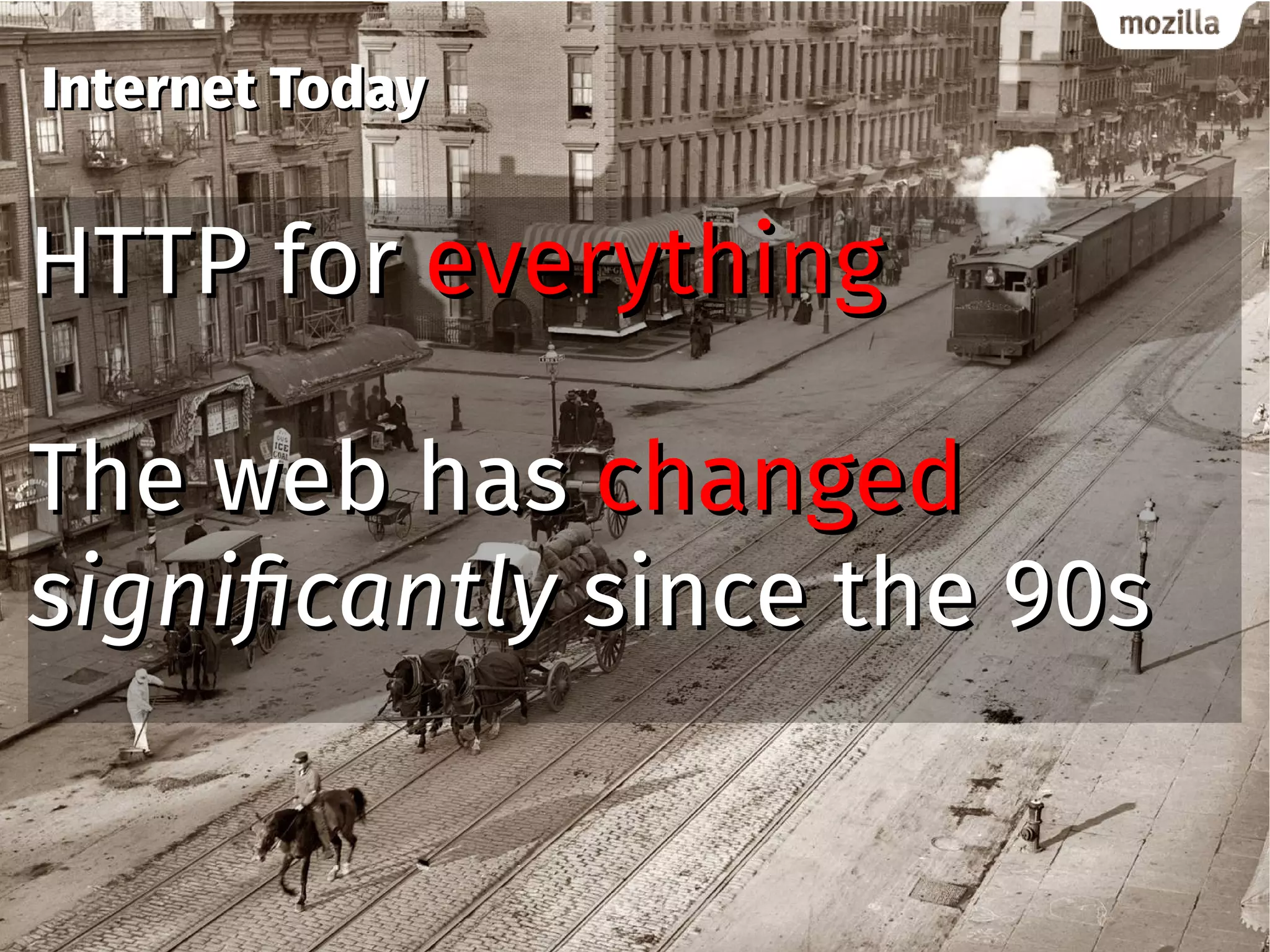 Internet TodayInternet Today
HTTP forHTTP for everythingeverything
The web hasThe web has changedchanged
significantlysignificantly since the 90ssince the 90s
 