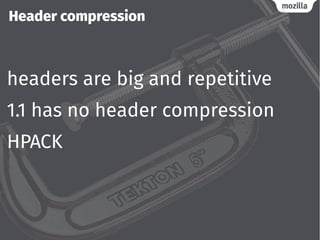 Header compression
headers are big and repetitive
1.1 has no header compression
HPACK
 