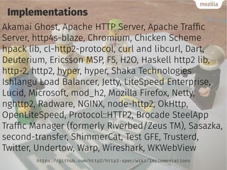 Implementations
Akamai Ghost, Apache HTTP Server, Apache Traffic
Server, http4s-blaze, Chromium, Chicken Scheme
hpack lib, cl-http2-protocol, curl and libcurl, Dart,
Deuterium, Ericsson MSP, F5, H2O, Haskell http2 lib,
http-2, http2, hyper, hyper, Shaka Technologies
Ishlangu Load Balancer, Jetty, LiteSpeed Enterprise,
Lucid, Microsoft, mod_h2, Mozilla Firefox, Netty,
nghttp2, Radware, NGINX, node-http2, OkHttp,
OpenLiteSpeed, Protocol::HTTP2, Brocade SteelApp
Traffic Manager (formerly Riverbed/Zeus TM), Sasazka,
second-transfer, ShimmerCat, Test GFE, Trusterd,
Twitter, Undertow, Warp, Wireshark, WKWebView
https://github.com/http2/http2-spec/wiki/Implementations
 