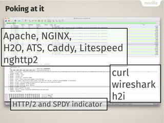 Poking at it
HTTP/2 and SPDY indicator
Apache, NGINX,
H2O, ATS, Caddy, Litespeed
nghttp2
curl
wireshark
h2i
 