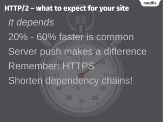 HTTP/2 – what to expect for your site
It depends
20% - 60% faster is common
Server push makes a difference
Remember: HTTPS
Shorten dependency chains!
 