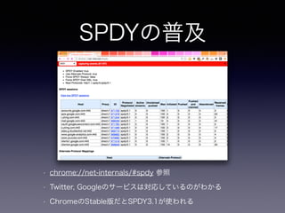 SPDYの普及 
• chrome://net-internals/#spdy 参照 
• Twitter, Googleのサービスは対応しているのがわかる 
• ChromeのStable版だとSPDY3.1が使われる 
 