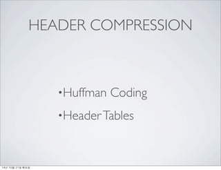 HEADER COMPRESSION 
?Huffman Coding 
?Header Tables 
14? 10? 21? ??? 
 