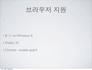 ???? ?? 
? IE 11 on Windows 8 
? Firefox 34 
? Chrome --enable-spdy4 
14? 10? 21? ??? 
 