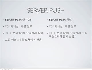 SERVER PUSH 
• Server Push 안하면: 
• TCP 커넥션 1개를 열고 
• HTML 문서 1개를 요청해서 받음 
• 그림 파일 2개를 요청해서 받음 
• Server Push 하면: 
• TCP 커넥...