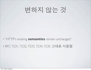 변하지 않는 것 
• “HTTP's existing semantics remain unchanged.” 
• RFC 7231, 7232, 7233, 7234, 7235 그대로 사용함 
14년 10월 21일 화요일 
 