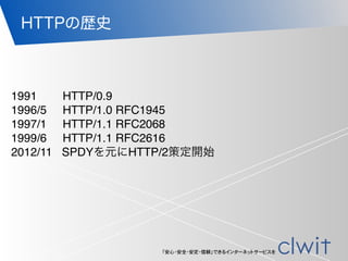 「安心・安全・安定・信頼」できるインターネットサービスを
HTTPの歴史
1991 HTTP/0.9
1996/5 HTTP/1.0 RFC1945
1997/1 HTTP/1.1 RFC2068
1999/6 HTTP/1.1 RFC2616
2012/11 SPDYを元にHTTP/2策定開始
 