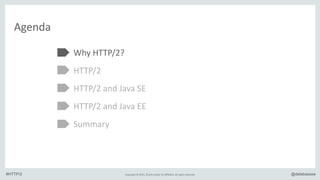 Copyright	
  ©	
  2015,	
  Oracle	
  and/or	
  its	
  affiliates.	
  All	
  rights	
  reserved. @delabassee#HTTP/2
Agenda
Why	
  HTTP/2?	
  
HTTP/2	
  
HTTP/2	
  and	
  Java	
  SE	
  
HTTP/2	
  and	
  Java	
  EE	
  
Summary
 