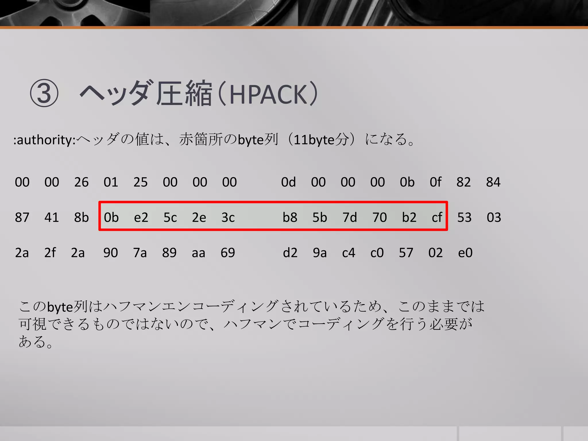 ③ ヘッダ圧縮（HPACK）
:authority:ヘッダの値は、赤箇所のbyte列（11byte分）になる。
このbyte列はハフマンエンコーディングされているため、このままでは
可視できるものではないので、ハフマンでコーディングを行う必要が
ある。
00 00 26 01 25 00 00 00 0d 00 00 00 0b 0f 82 84
87 41 8b 0b e2 5c 2e 3c b8 5b 7d 70 b2 cf 53 03
2a 2f 2a 90 7a 89 aa 69 d2 9a c4 c0 57 02 e0
 