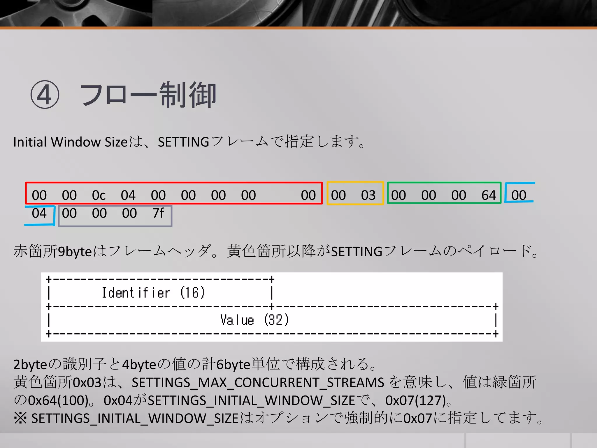 ④ フロー制御
Initial Window Sizeは、SETTINGフレームで指定します。
00 00 0c 04 00 00 00 00 00 00 03 00 00 00 64 00
04 00 00 00 7f
赤箇所9byteはフレームヘッダ。黄色箇所以降がSETTINGフレームのペイロード。
2byteの識別子と4byteの値の計6byte単位で構成される。
黄色箇所0x03は、SETTINGS_MAX_CONCURRENT_STREAMS を意味し、値は緑箇所
の0x64(100)。0x04がSETTINGS_INITIAL_WINDOW_SIZEで、0x07(127)。
※ SETTINGS_INITIAL_WINDOW_SIZEはオプションで強制的に0x07に指定してます。
 