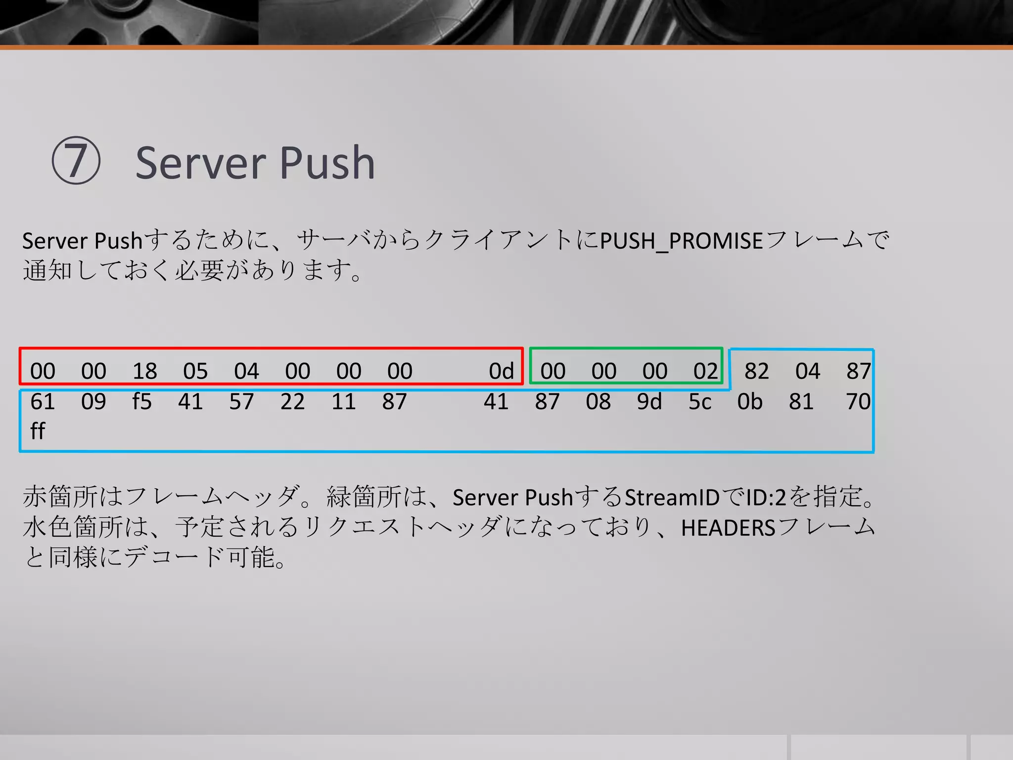 ⑦ Server Push
Server Pushするために、サーバからクライアントにPUSH_PROMISEフレームで
通知しておく必要があります。
00 00 18 05 04 00 00 00 0d 00 00 00 02 82 04 87
61 09 f5 41 57 22 11 87 41 87 08 9d 5c 0b 81 70
ff
赤箇所はフレームヘッダ。緑箇所は、Server PushするStreamIDでID:2を指定。
水色箇所は、予定されるリクエストヘッダになっており、HEADERSフレーム
と同様にデコード可能。
 
