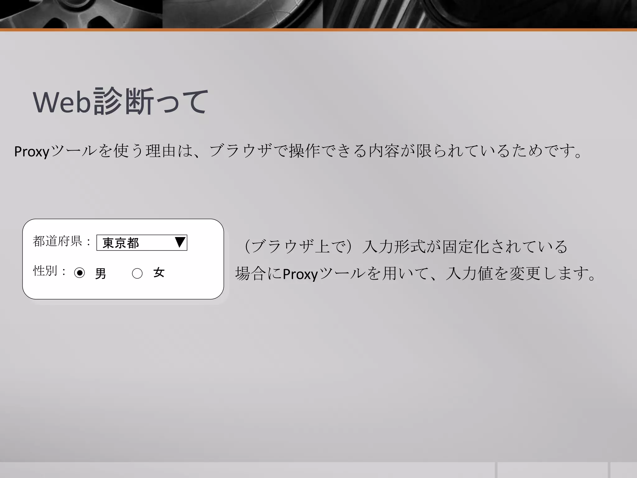 Web診断って
Proxyツールを使う理由は、ブラウザで操作できる内容が限られているためです。
都道府県：
性別： 男 女
東京都 （ブラウザ上で）入力形式が固定化されている
場合にProxyツールを用いて、入力値を変更します。
 