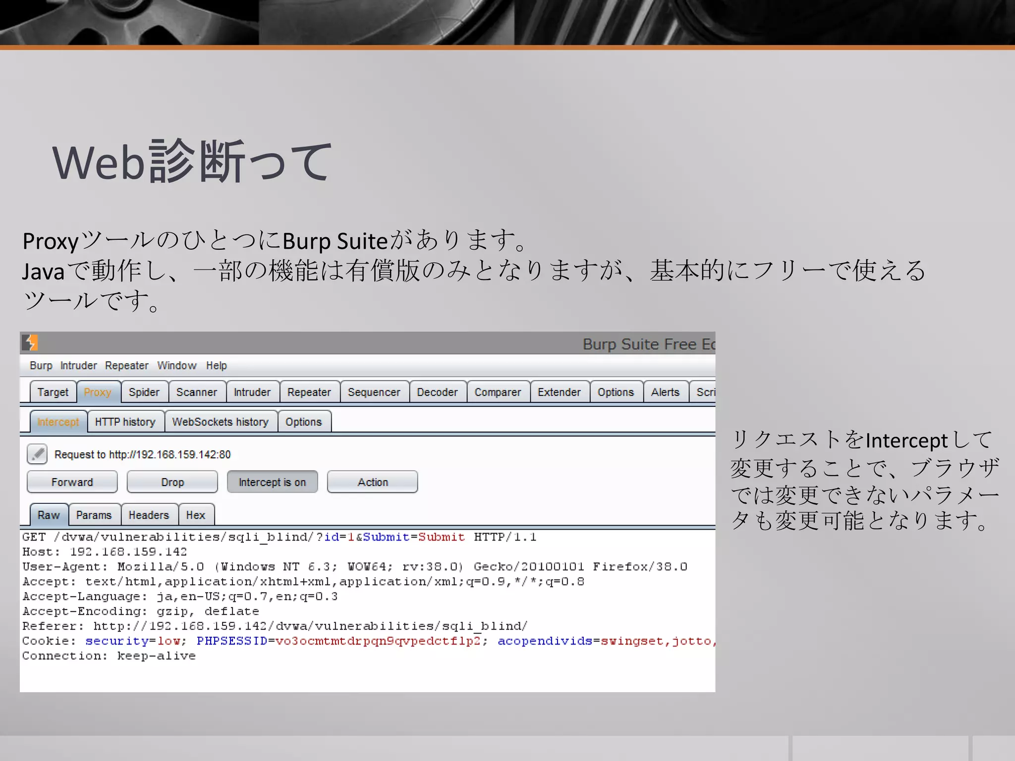Web診断って
ProxyツールのひとつにBurp Suiteがあります。
Javaで動作し、一部の機能は有償版のみとなりますが、基本的にフリーで使える
ツールです。
リクエストをInterceptして
変更することで、ブラウザ
では変更できないパラメー
タも変更可能となります。
 