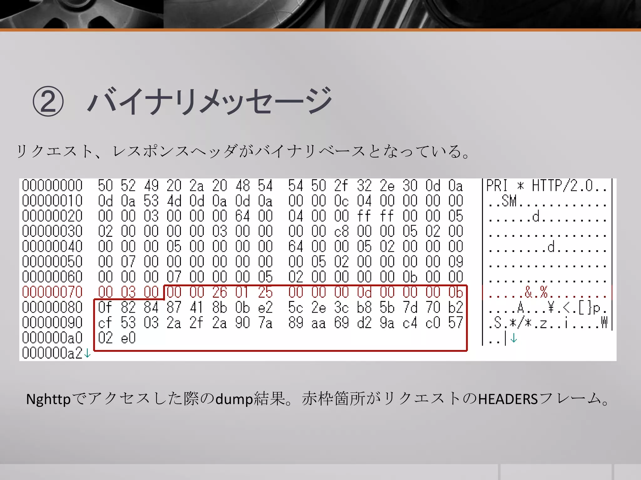 ② バイナリメッセージ
リクエスト、レスポンスヘッダがバイナリベースとなっている。
Nghttpでアクセスした際のdump結果。赤枠箇所がリクエストのHEADERSフレーム。
 
