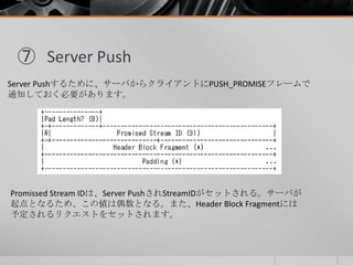 ⑦ Server Push
Server Pushするために、サーバからクライアントにPUSH_PROMISEフレームで
通知しておく必要があります。
Promissed Stream IDは、Server PushされStreamIDがセットされる。サーバが
起点となるため、この値は偶数となる。また、Header Block Fragmentには
予定されるリクエストをセットされます。
 