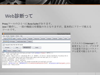 Web診断って
ProxyツールのひとつにBurp Suiteがあります。
Javaで動作し、一部の機能は有償版のみとなりますが、基本的にフリーで使える
ツールです。
リクエストをInterceptして
変更することで、ブラウザ
では変更できないパラメー
タも変更可能となります。
 