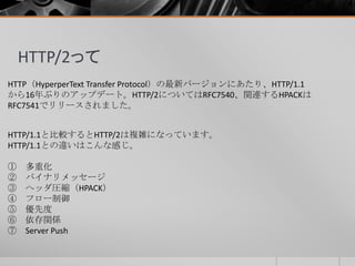 HTTP/2って
HTTP（HyperperText Transfer Protocol）の最新バージョンにあたり、HTTP/1.1
から16年ぶりのアップデート。HTTP/2についてはRFC7540、関連するHPACKは
RFC7541でリリースされました。
HTTP/1.1と比較するとHTTP/2は複雑になっています。
HTTP/1.1との違いはこんな感じ。
① 多重化
② バイナリメッセージ
③ ヘッダ圧縮（HPACK）
④ フロー制御
⑤ 優先度
⑥ 依存関係
⑦ Server Push
 