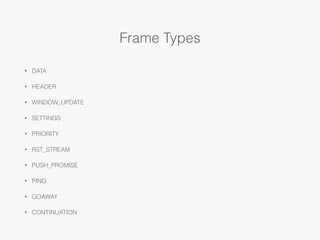 Frame Types
• DATA
• HEADER
• WINDOW_UPDATE
• SETTINGS
• PRIORITY
• RST_STREAM
• PUSH_PROMISE
• PING
• GOAWAY
• CONTINUATI...