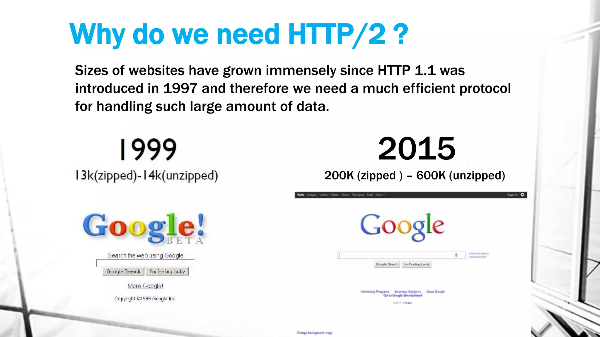 Why do we need HTTP/2 ?
Sizes of websites have grown immensely since HTTP 1.1 was
introduced in 1997 and therefore we need a much efficient protocol
for handling such large amount of data.
2015
200K (zipped ) – 600K (unzipped)
 