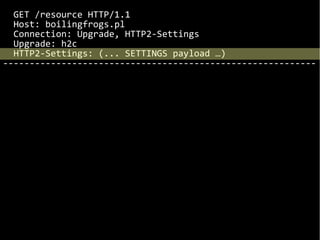 GET /resource HTTP/1.1
Host: boilingfrogs.pl
Connection: Upgrade, HTTP2-Settings
Upgrade: h2c
HTTP2-Settings: (... SETTINGS payload …)
-----------------------------------------------------------
 