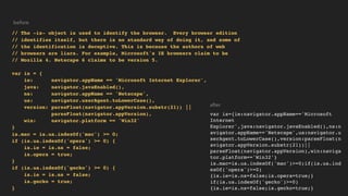 // The -is- object is used to identify the browser. Every browser edition
// identifies itself, but there is no standard way of doing it, and some of
// the identification is deceptive. This is because the authors of web
// browsers are liars. For example, Microsoft's IE browsers claim to be
// Mozilla 4. Netscape 6 claims to be version 5.
var is = {
ie: navigator.appName == 'Microsoft Internet Explorer',
java: navigator.javaEnabled(),
ns: navigator.appName == 'Netscape',
ua: navigator.userAgent.toLowerCase(),
version: parseFloat(navigator.appVersion.substr(21)) ||
parseFloat(navigator.appVersion),
win: navigator.platform == 'Win32'
}
is.mac = is.ua.indexOf('mac') >= 0;
if (is.ua.indexOf('opera') >= 0) {
is.ie = is.ns = false;
is.opera = true;
}
if (is.ua.indexOf('gecko') >= 0) {
is.ie = is.ns = false;
is.gecko = true;
}
var is={ie:navigator.appName=='Microsoft
Internet
Explorer',java:navigator.javaEnabled(),ns:n
avigator.appName=='Netscape',ua:navigator.u
serAgent.toLowerCase(),version:parseFloat(n
avigator.appVersion.substr(21))||
parseFloat(navigator.appVersion),win:naviga
tor.platform=='Win32'}
is.mac=is.ua.indexOf('mac')>=0;if(is.ua.ind
exOf('opera')>=0)
{is.ie=is.ns=false;is.opera=true;}
if(is.ua.indexOf('gecko')>=0)
{is.ie=is.ns=false;is.gecko=true;}
before
after
 