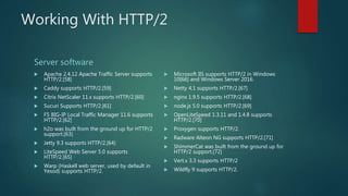 Working With HTTP/2
Server software
 Apache 2.4.12 Apache Traffic Server supports
HTTP/2.[58]
 Caddy supports HTTP/2.[59]
 Citrix NetScaler 11.x supports HTTP/2.[60]
 Sucuri Supports HTTP/2.[61]
 F5 BIG-IP Local Traffic Manager 11.6 supports
HTTP/2.[62]
 h2o was built from the ground up for HTTP/2
support.[63]
 Jetty 9.3 supports HTTP/2.[64]
 LiteSpeed Web Server 5.0 supports
HTTP/2.[65]
 Warp (Haskell web server, used by default in
Yesod) supports HTTP/2.
 Microsoft IIS supports HTTP/2 in Windows
10[66] and Windows Server 2016.
 Netty 4.1 supports HTTP/2.[67]
 nginx 1.9.5 supports HTTP/2.[68]
 node.js 5.0 supports HTTP/2.[69]
 OpenLiteSpeed 1.3.11 and 1.4.8 supports
HTTP/2.[70]
 Proxygen supports HTTP/2.
 Radware Alteon NG supports HTTP/2.[71]
 ShimmerCat was built from the ground up for
HTTP/2 support.[72]
 Vert.x 3.3 supports HTTP/2
 Wildfly 9 supports HTTP/2.
 