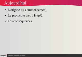 nAcademy  Le 31 mars 2015 Neuros ­ 
Aujourd'hui...
● L'origine du commencement
● Le protocole web : Http/2
● Les conséquences
 