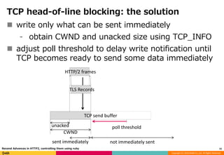 Copyright (C) 2016 DeNA Co.,Ltd. All Rights Reserved.
TCP head-of-line blocking: the solution
 write only what can be sent immediately
⁃ obtain CWND and unacked size using TCP_INFO
 adjust poll threshold to delay write notification until
TCP becomes ready to send some data immediately
15Recend Advances in HTTP2, controlling them using ruby
CWND
unacked poll threshold
TLS Records
sent immediately not immediately sent
HTTP/2 frames
TCP send buffer
 