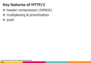Copyright (C) 2016 DeNA Co.,Ltd. All Rights Reserved.
Key features of HTTP/2
 header compression (HPACK)
 multiplexing & prioritization
 push
6Recend Advances in HTTP2, controlling them using ruby
 