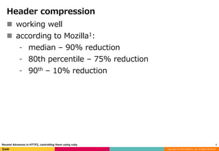 Copyright (C) 2016 DeNA Co.,Ltd. All Rights Reserved.
Header compression
 working well
 according to Mozilla1:
⁃ median – 90% reduction
⁃ 80th percentile – 75% reduction
⁃ 90th – 10% reduction
7Recend Advances in HTTP2, controlling them using ruby
 