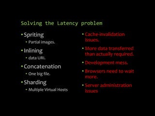 Solving the Latency problem
•Spriting
• Partial images.
•Inlining
• data URI.
•Concatenation
• One big file.
•Sharding
• Multiple Virtual Hosts
• Cache-invalidation
issues.
• More data transferred
than actually required.
• Development mess.
• Browsers need to wait
more.
• Server administration
issues
 