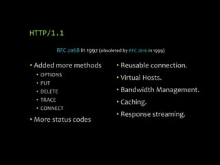 HTTP/1.1
RFC 2068 in 1997 (obsoleted by RFC 2616 in 1999)
• Added more methods
• OPTIONS
• PUT
• DELETE
• TRACE
• CONNECT
• More status codes
• Reusable connection.
• Virtual Hosts.
• Bandwidth Management.
• Caching.
• Response streaming.
 