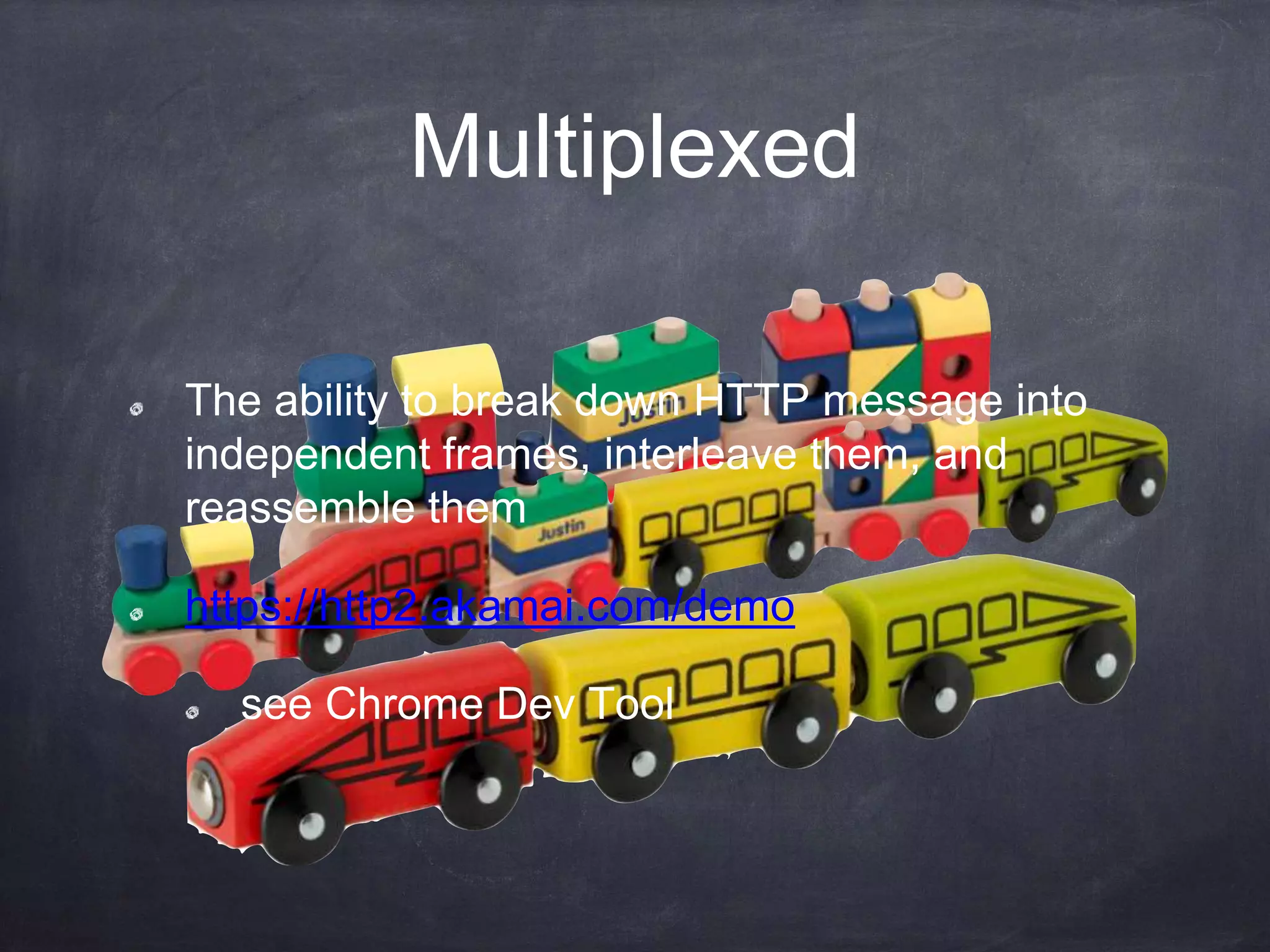 Multiplexed
The ability to break down HTTP message into
independent frames, interleave them, and
reassemble them
https://http2.akamai.com/demo
see Chrome Dev Tool
 