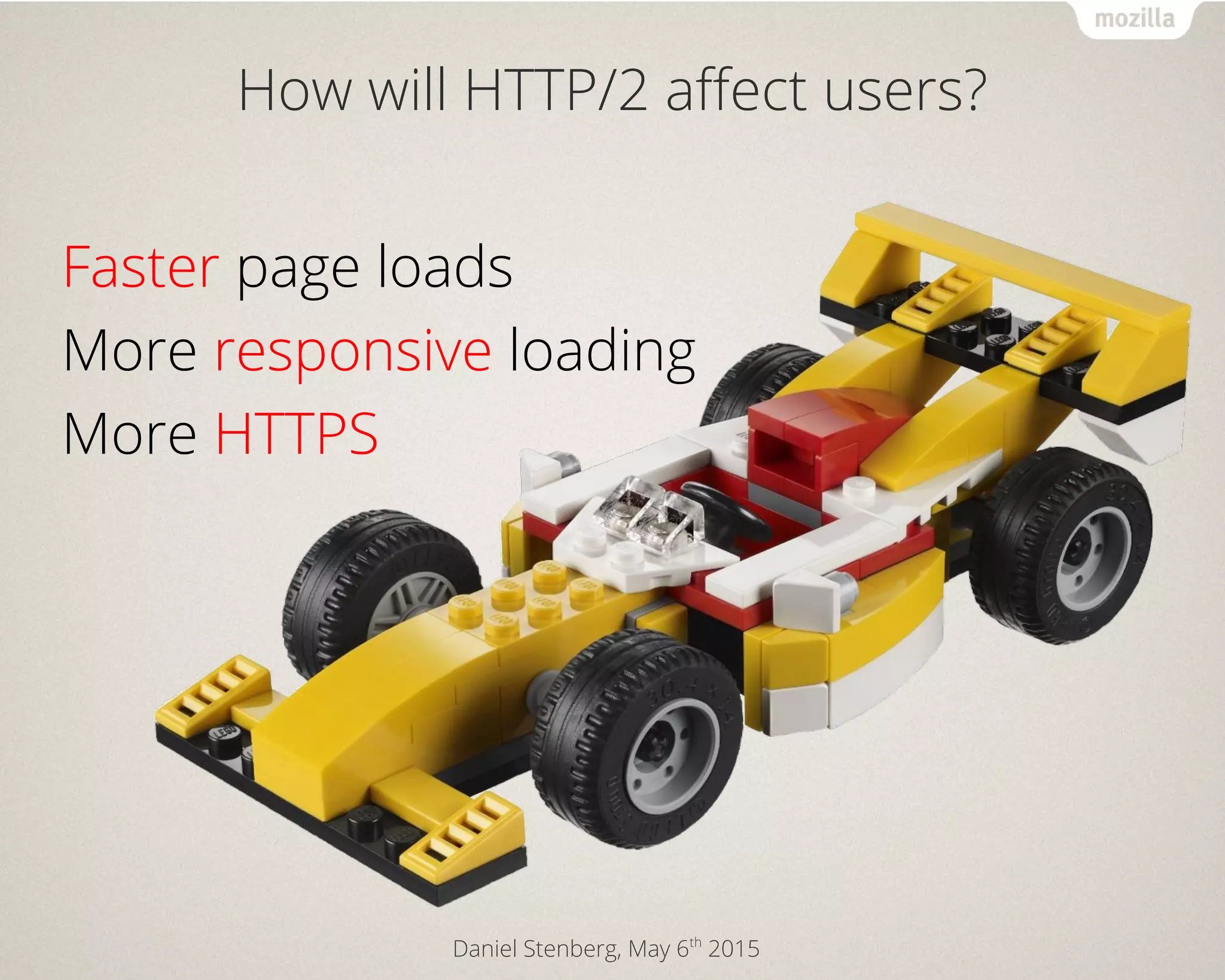 Daniel Stenberg, May 6th
2015
How will HTTP/2 affect users?
Faster page loads
More responsive loading
More HTTPS
 