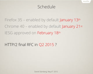 Daniel Stenberg, May 6th
2015
Schedule
Firefox 35 – enabled by default January 13th
Chrome 40 – enabled by default January...