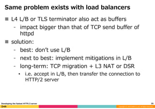 Copyright	(C)	2016	DeNA	Co.,Ltd.	All	Rights	Reserved.	
Same problem exists with load balancers
n  L4 L/B or TLS terminator...
