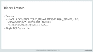 @delabasseeCopyright*©*2016,*Oracle*and/or*its*affiliates.*All*rights*reserved.
Binary*Frames
• Frames*
- HEADERS,*DATA,*PRIORITY,*RST_STREAM,*SETTINGS,*PUSH_PROMISE,*PING,*
GOAWAY,*WINDOW_UPDATE,*CONTINUATION*
- Prioritisation,*Flow*Control,*Server*Push,*…**
• Single*TCP*Connection
41
POST*/upload*HTTP/1.1*
Host:*www.test.com*
ContentTType:*application/json*
ContentTLength:*15*
{“name”:“duke”}
HTTP&1.1
 