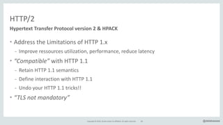 Copyright*©*2016,*Oracle*and/or*its*affiliates.*All*rights*reserved. @delabassee
HTTP/2
• Address*the*Limitations*of*HTTP*1.x*
- Improve*ressources*utilization,*performance,*reduce*latency*
• “Compatible”*with*HTTP*1.1*
- Retain*HTTP*1.1*semantics*
- Define*interaction*with*HTTP*1.1*
- Undo*your*HTTP*1.1*tricks!!*
• “TLS0not0mandatory”
64
Hypertext&Transfer&Protocol&version&2&&&HPACK
 