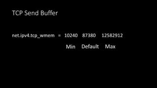 TCP Send Buffer
net.ipv4.tcp_wmem = 10240 87380 12582912
Min Default Max
 