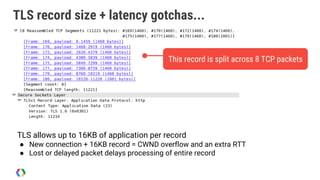 TLS record size + latency gotchas...
This record is split across 8 TCP packets
TLS allows up to 16KB of application per record
● New connection + 16KB record = CWND overflow and an extra RTT
● Lost or delayed packet delays processing of entire record
 