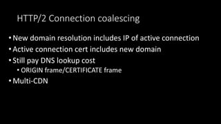 HTTP/2 Connection coalescing
•New domain resolution includes IP of active connection
•Active connection cert includes new domain
•Still pay DNS lookup cost
• ORIGIN frame/CERTIFICATE frame
•Multi-CDN
 