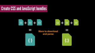 Create CSS and JavaScript bundles
++++
= =More to download
and parse
 
