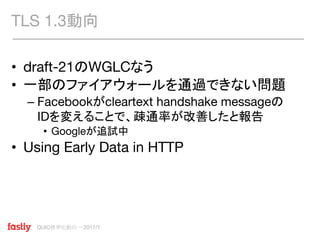 QUIC標準化動向 〜2017/7
• draft-21のWGLCなう
• 一部のファイアウォールを通過できない問題
– Facebookがcleartext handshake messageの
IDを変えることで、疎通率が改善したと報告
• Googleが追試中
• Using Early Data in HTTP
TLS 1.3動向
 