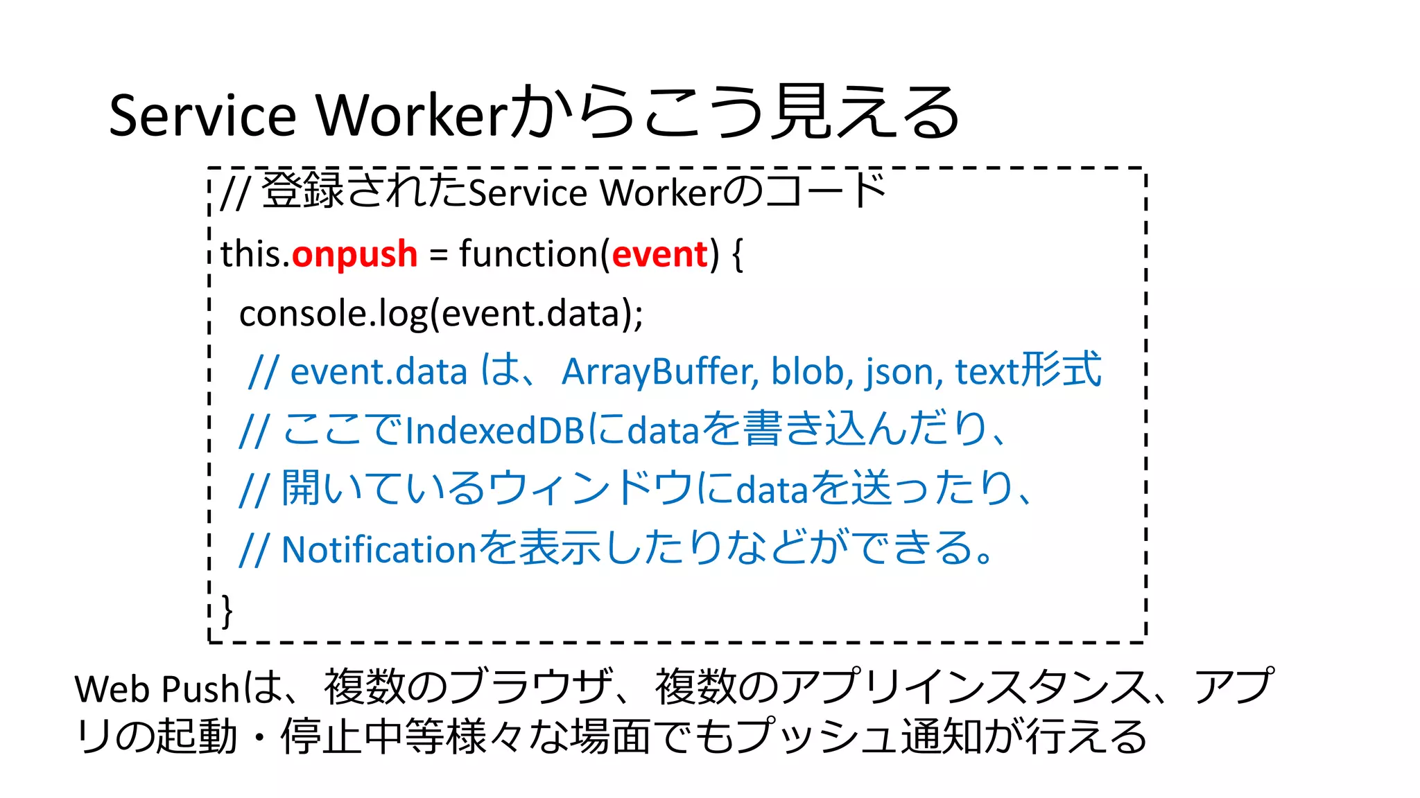 Service Workerからこう見える
// 登録されたService Workerのコード
this.onpush = function(event) {
console.log(event.data);
// event.data は、ArrayBuffer, blob, json, text形式
// ここでIndexedDBにdataを書き込んだり、
// 開いているウィンドウにdataを送ったり、
// Notificationを表示したりなどができる。
}
Web Pushは、複数のブラウザ、複数のアプリインスタンス、アプ
リの起動・停止中等様々な場面でもプッシュ通知が行える
 