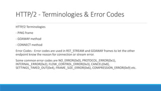 HTTP/2 - Terminologies & Error Codes
HTTP/2 Terminologies
- PING frame
- GOAWAY method
- CONNECT method
Error Codes - Error codes are used in RST_STREAM and GOAWAY frames to let the other
endpoint know the reason for connection or stream error.
Some common error codes are NO_ERROR(0x0), PROTOCOL_ERROR(0x1),
INTERNAL_ERROR(0x2), FLOW_CONTROL_ERROR(0x3), CANCEL(0x8),
SETTINGS_TIMED_OUT(0x4), FRAME_SIZE_ERROR(0x6), COMPRESSION_ERROR(0x9) etc.
 