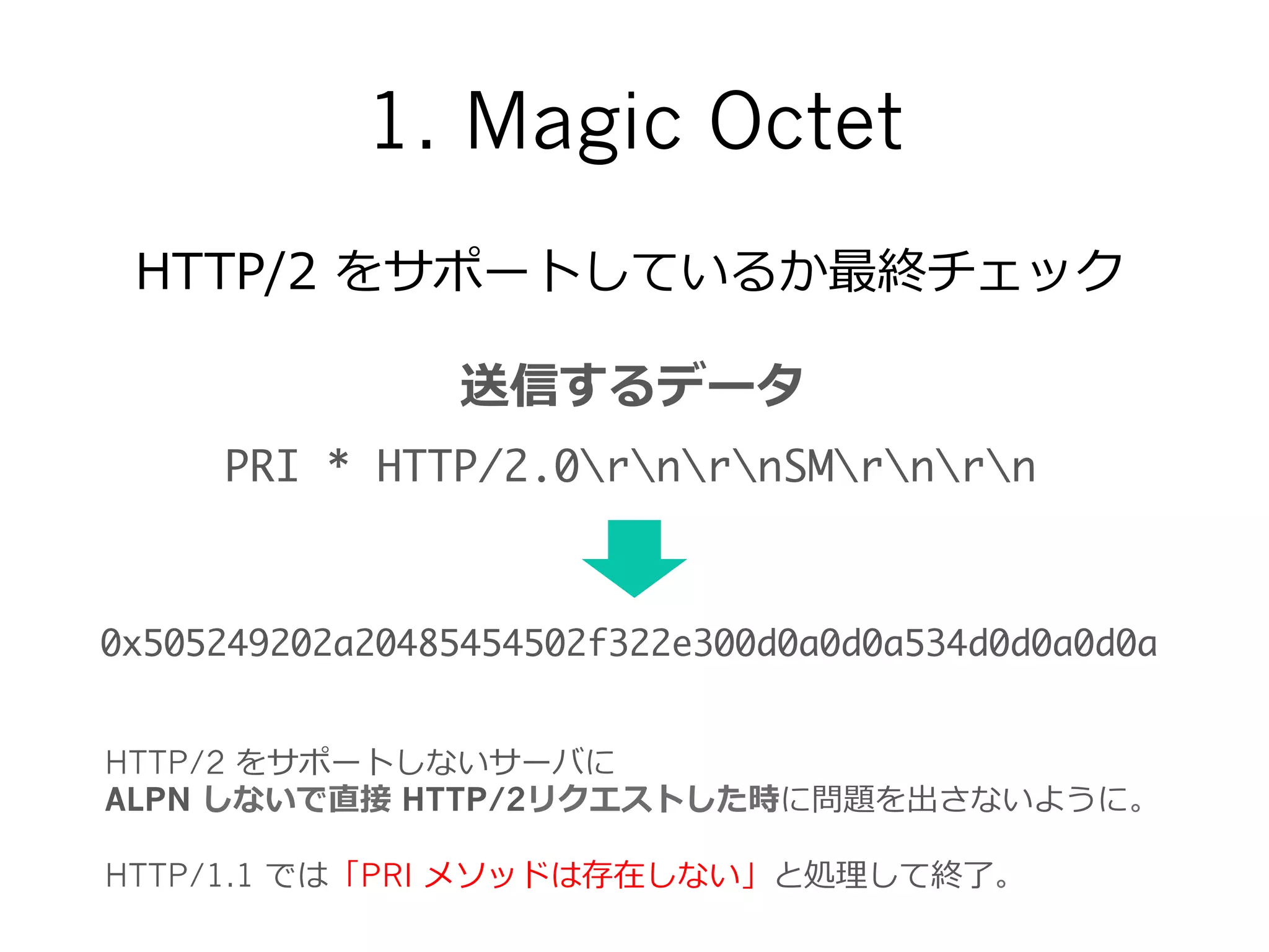 1. Magic Octet
0x505249202a20485454502f322e300d0a0d0a534d0d0a0d0a
PRI * HTTP/2.0rnrnSMrnrn
HTTP/2  をサポートしているか最終チェック
HTTP/2 をサポートしないサーバに
ALPN しないで直接 HTTP/2リクエストした時に問題を出さないように。
HTTP/1.1 では「PRI メソッドは存在しない」と処理理して終了了。
送信するデータ
 