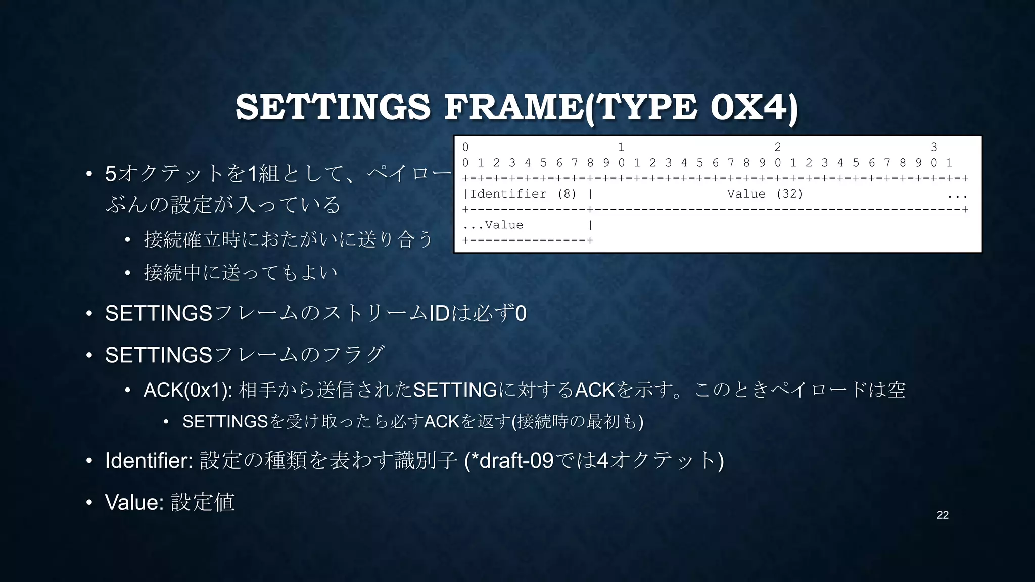 SETTINGS FRAME(TYPE 0X4)
• 5オクテットを1組として、ペイロード長
ぶんの設定が入っている
• 接続確立時におたがいに送り合う
• 接続中に送ってもよい
• SETTINGSフレームのストリームIDは必ず0
• SETTINGSフレームのフラグ
• ACK(0x1): 相手から送信されたSETTINGに対するACKを示す。このときペイロードは空
• SETTINGSを受け取ったら必すACKを返す(接続時の最初も)
• Identifier: 設定の種類を表わす識別子 Value: 設定値
22
0 1 2 3
0 1 2 3 4 5 6 7 8 9 0 1 2 3 4 5 6 7 8 9 0 1 2 3 4 5 6 7 8 9 0 1
+-+-+-+-+-+-+-+-+-+-+-+-+-+-+-+-+-+-+-+-+-+-+-+-+-+-+-+-+-+-+-+-+
| Identifier (8)|
+---------------+-----------------------------------------------+
| Value (32) |
+---------------------------------------------------------------+
 