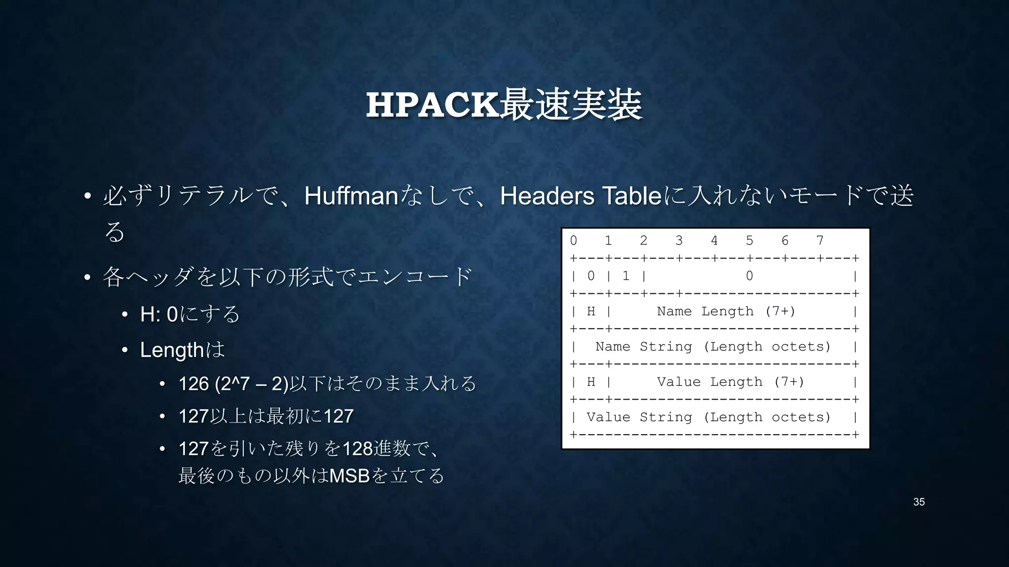 HPACK最速実装
• 必ずリテラルで、Huffmanなしで、Without Indexモードで送る
• 各ヘッダを以下の形式でエンコード
• H: 0にする
• Lengthは
• 126 (2^7 – 2)以下はそのまま入れる
• 127以上は最初に127
• 127を引いた残りを128進数で、
最後のもの以外はMSBを立てる
35
0 1 2 3 4 5 6 7
+---+---+---+---+---+---+---+---+
| 0 | 0 | 0 | 0 | 0 |
+---+---+-----------------------+
| H | Name Length (7+) |
+---+---------------------------+
| Name String (Length octets) |
+---+---------------------------+
| H | Value Length (7+) |
+---+---------------------------+
| Value String (Length octets) |
+-------------------------------+
 
